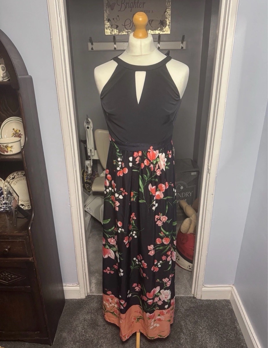 Vince Camuto Maxi Dress Black Floral UK 10 Halterneck Keyhole Occasion