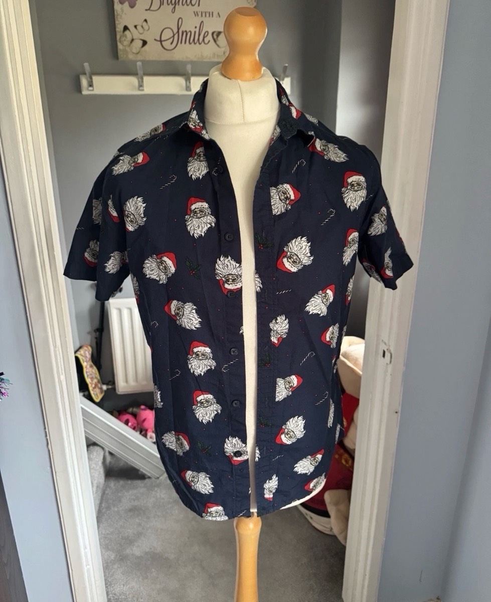 George Christmas Santa Print Short Sleeve Shirt Navy Blue Small (S) 36-38” 100% Cotton