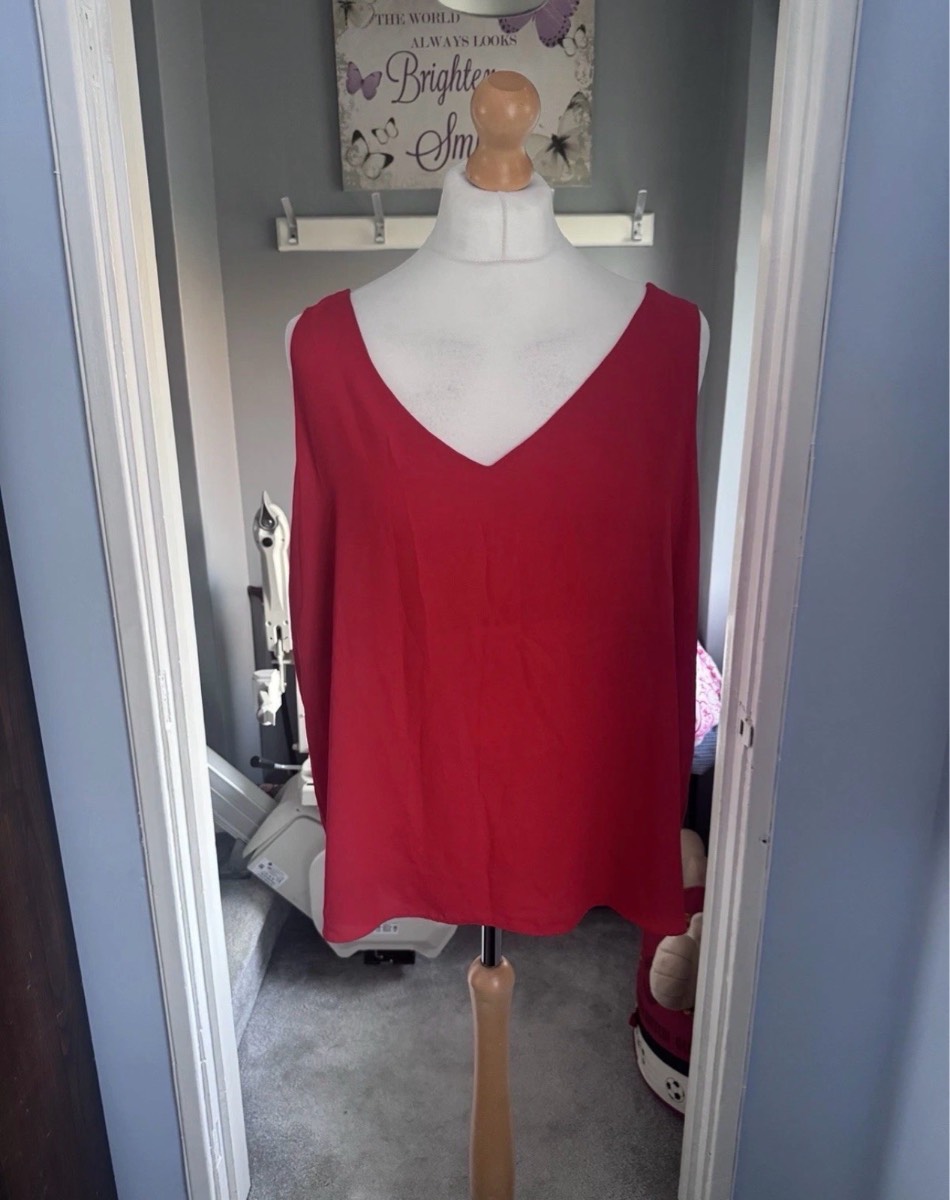 Papaya Sleeveless Blouse Top Red UK 20 V Neck Loose Fit Smart Casual Summer