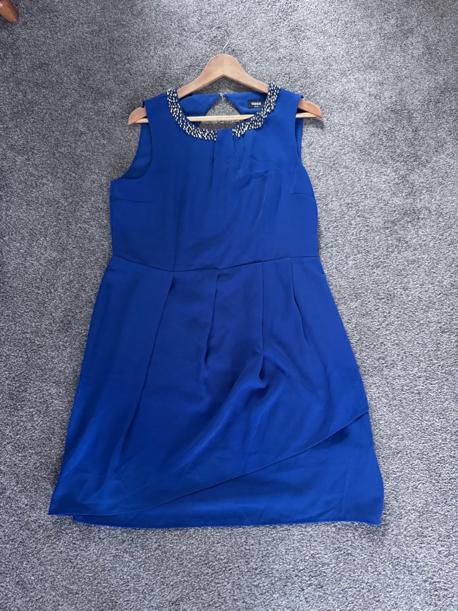 Oasis Shift Dress, Cobalt Blue, UK 16, Embellished Collar Occasion Dress