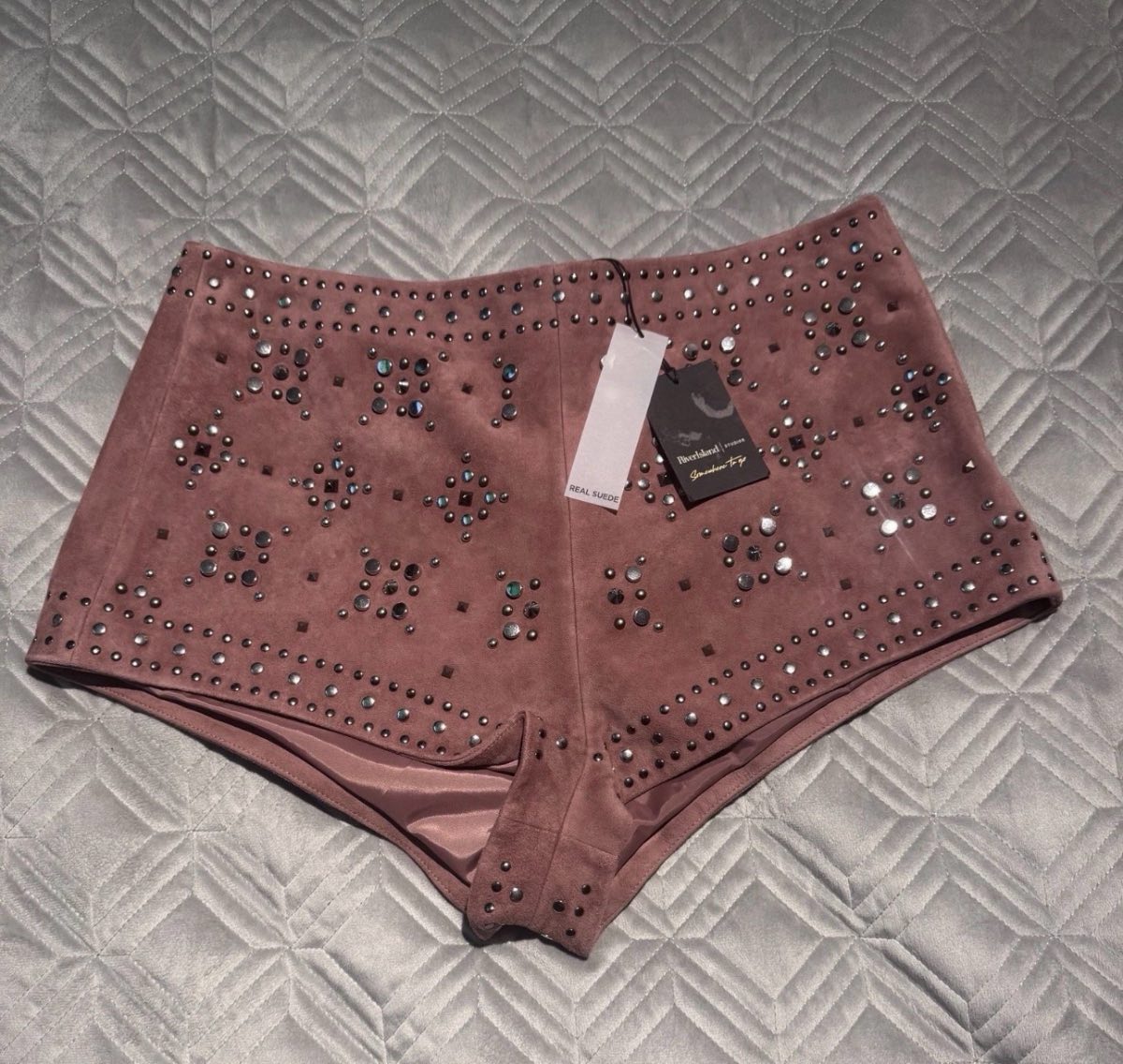 River Island Suede Embellished Hot Pants Pink UK 14 Studded Real Suede BNWT