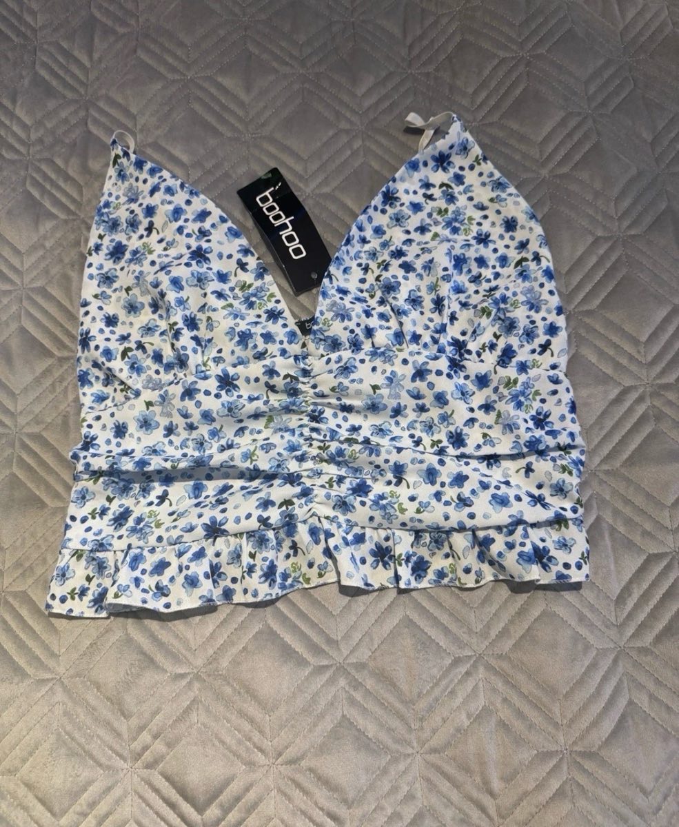 Boohoo Floral Cami Top Blue UK 14 Ruched Ruffle Summer BNWT