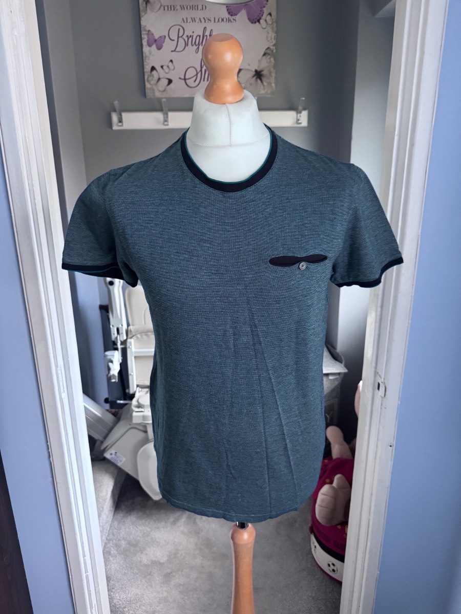 Ted Baker London T-Shirt Blue Marl Medium (Size 3) 100% Cotton Contrast Trim