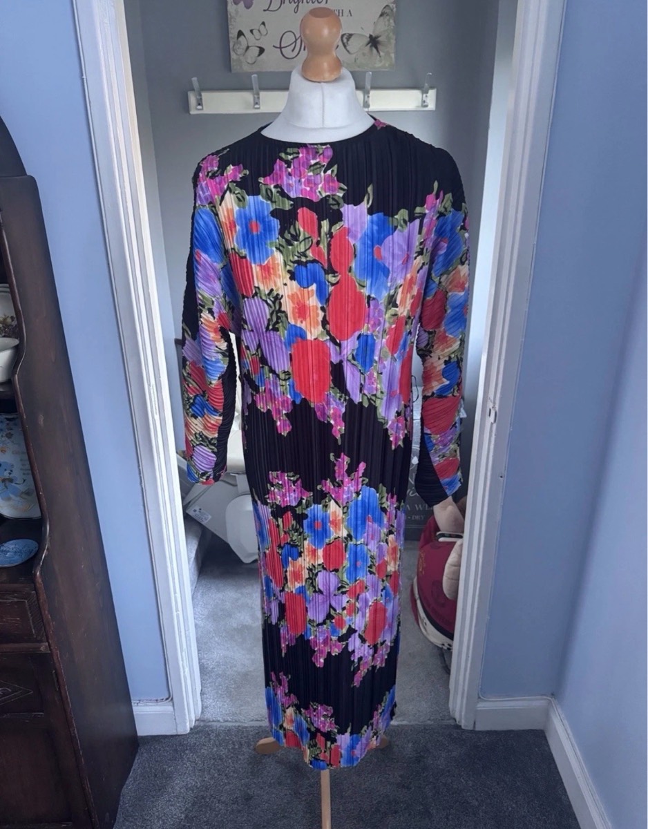 Oasis Summer Pleated Floral Midi Dress Black Multi Size M (UK 12) BNWT