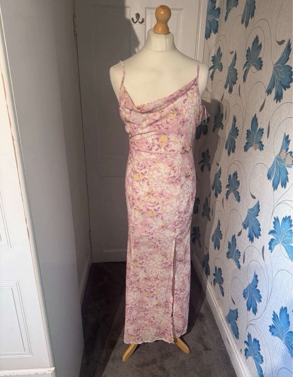 Quiz Cowl Neck Maxi Dress Pink Floral UK 12 Summer Wedding Guest Slip Dress