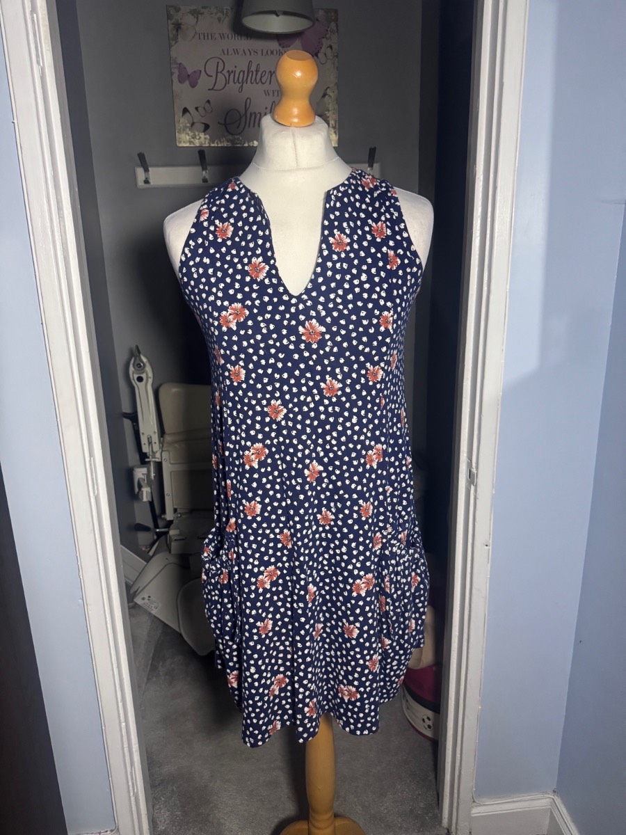 Next Sleeveless Tunic Dress Navy Floral Side Drawstrings Cotton UK 10 Pockets