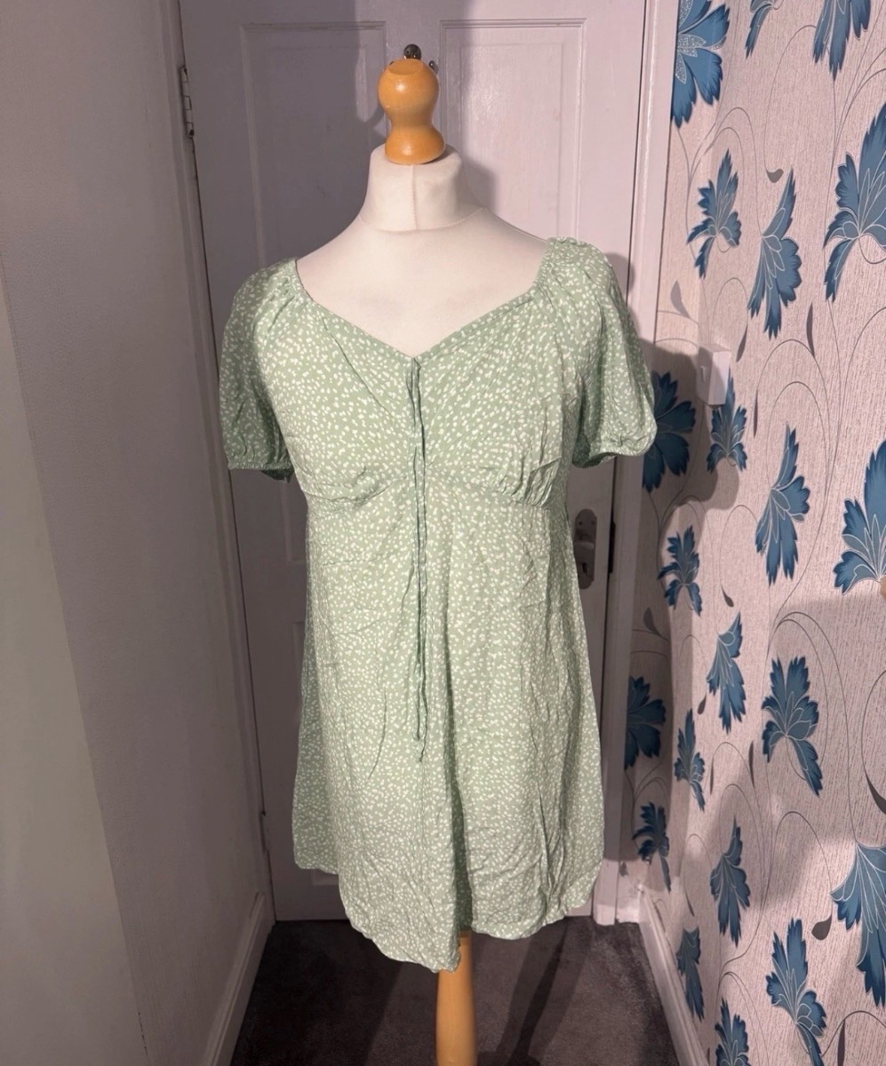 Primark NWT Smock Mini Dress Sage Green UK 18 Puff Sleeve Tie Front Summer