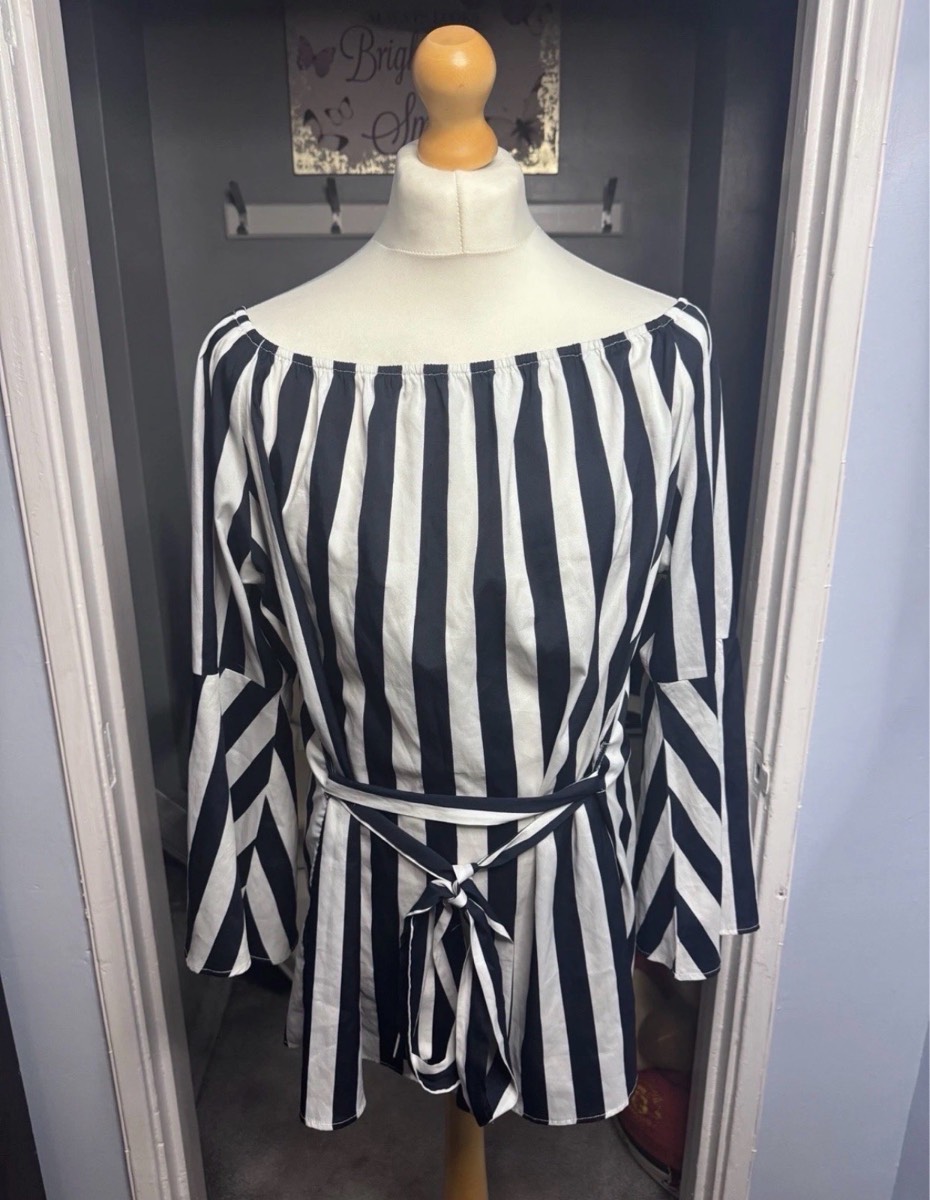 AX Paris Curve Blouse Navy & White Stripe UK 28 Off Shoulder Bell Sleeve Belted