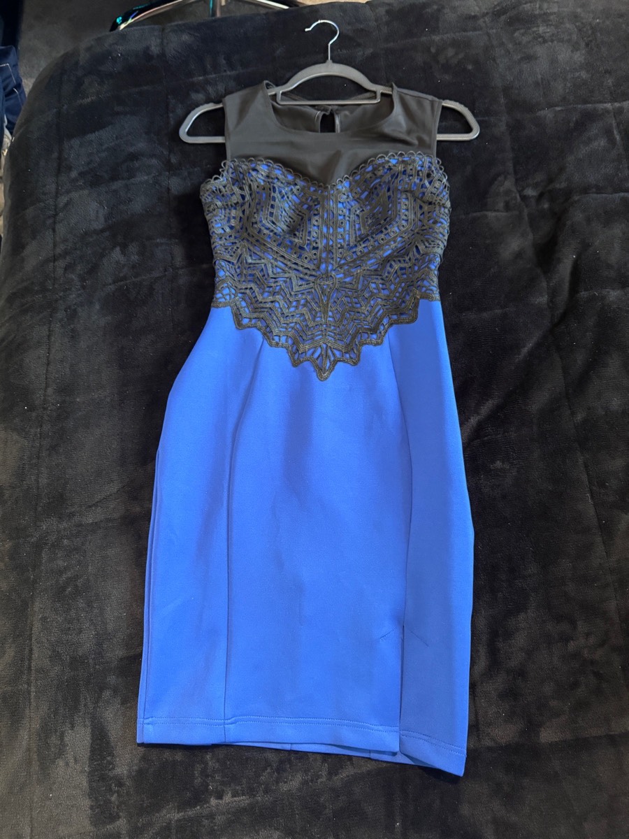 Lipsy Bodycon Dress Blue Black Lace Crochet Detail Approx UK 10 Cocktail Party