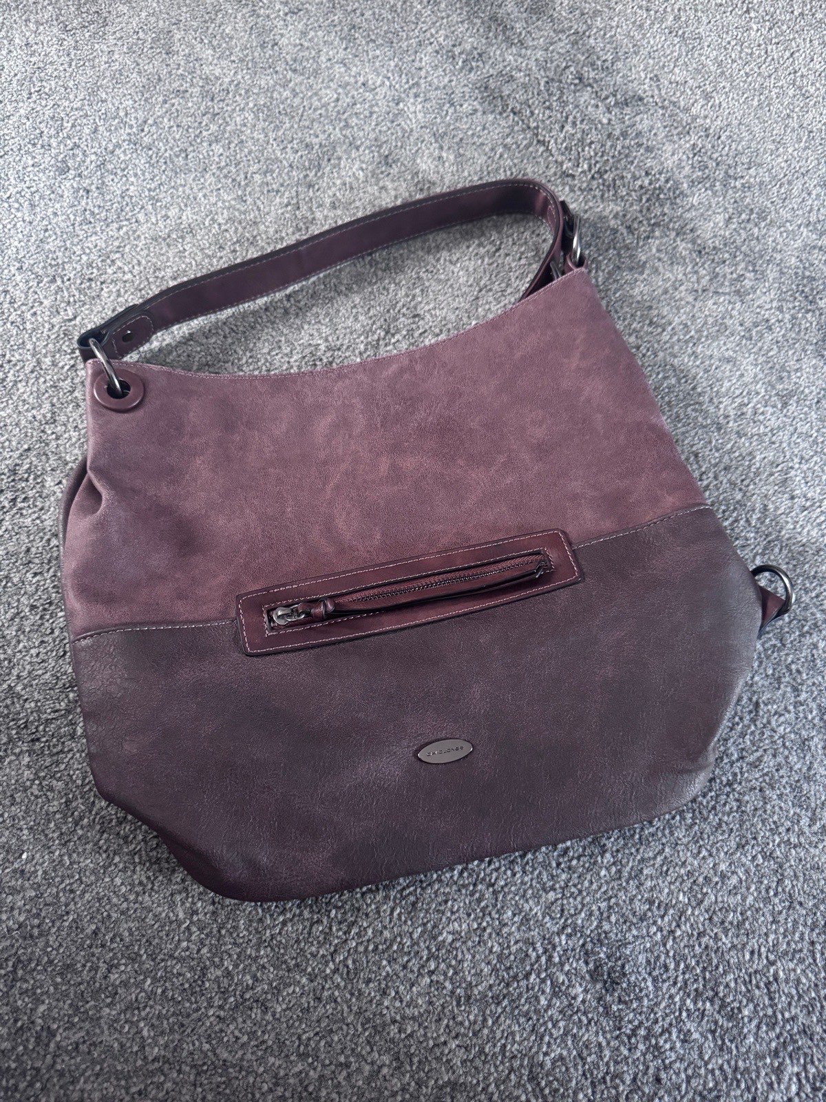 David Jones Paris Hobo Shoulder Bag, Burgundy Brown, Faux Leather, Zip Pockets