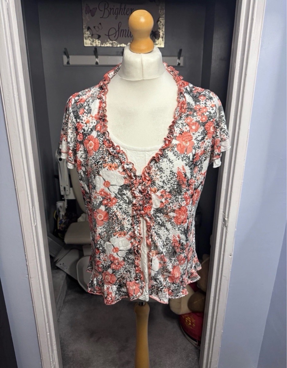 M&S Per Una Floral Twinset White Coral UK 22 Cardigan & Cami Ruffle Trim