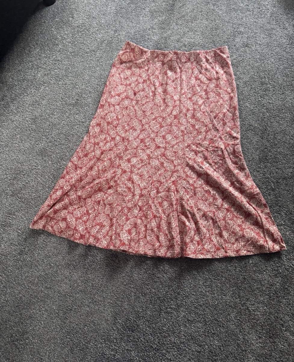 Isle Collection A-Line Midi Skirt Pink Geometric Print UK 14 Linen Blend Summer