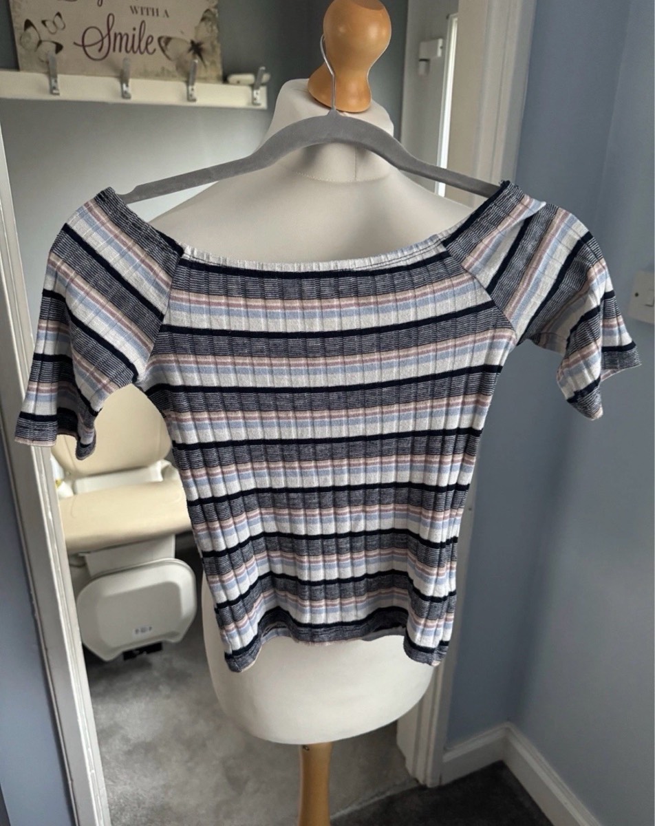 New Look Bardot Ribbed Stripe Top White Blue Pink UK 8 Off Shoulder Summer