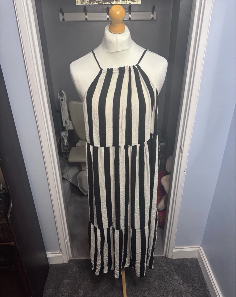 George Maxi Dress Black White Stripe UK 18 Summer Halterneck Tie Back