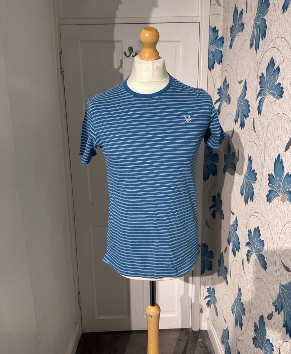 Crew Clothing Co Blue Striped T-Shirt Small 100% Cotton Crew Neck Summer Tee