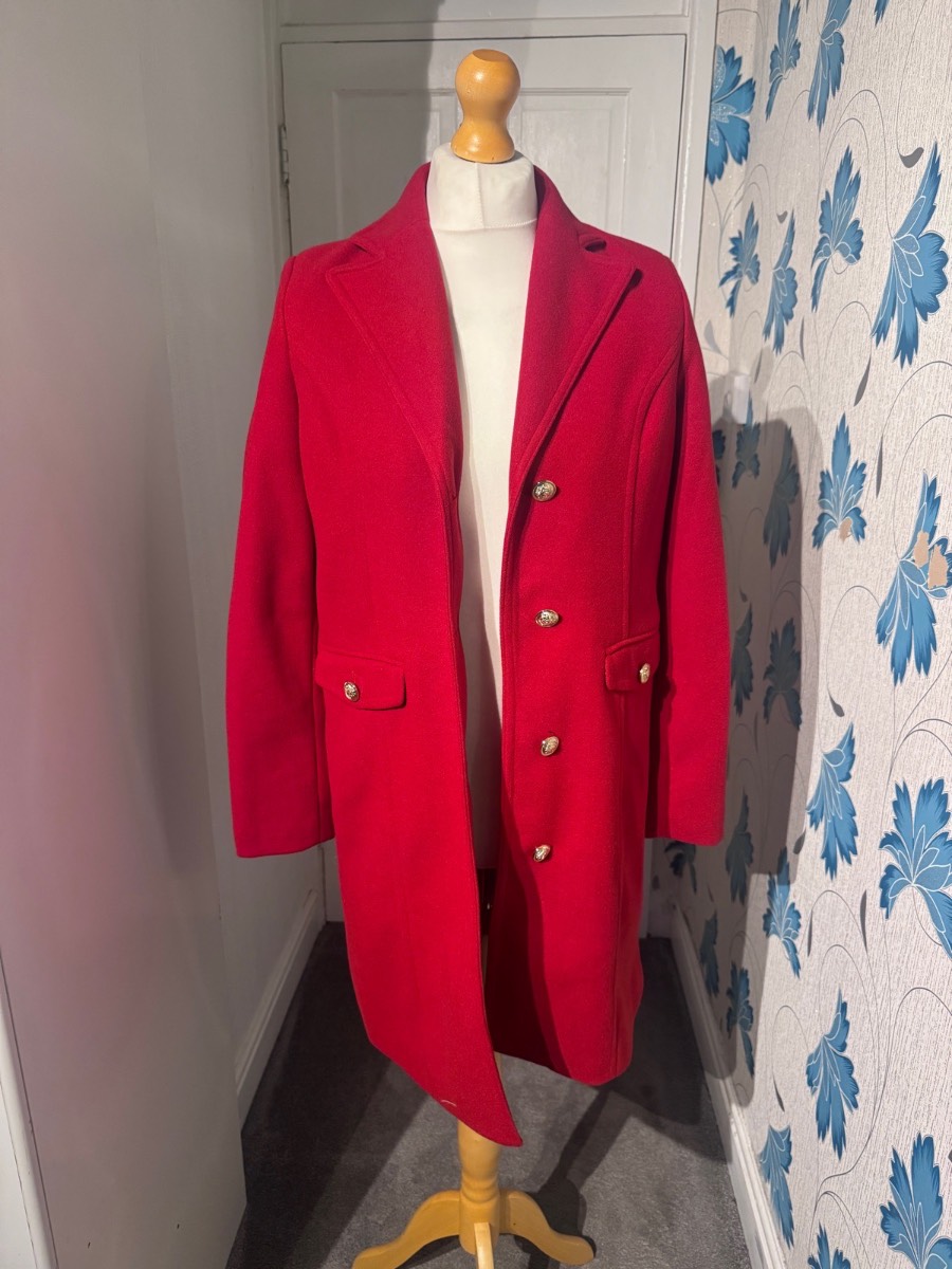 Next Autumn Winter Tailored Longline Coat, Cerise Pink, UK 10 (Gold Military Buttons, Floral Lining)