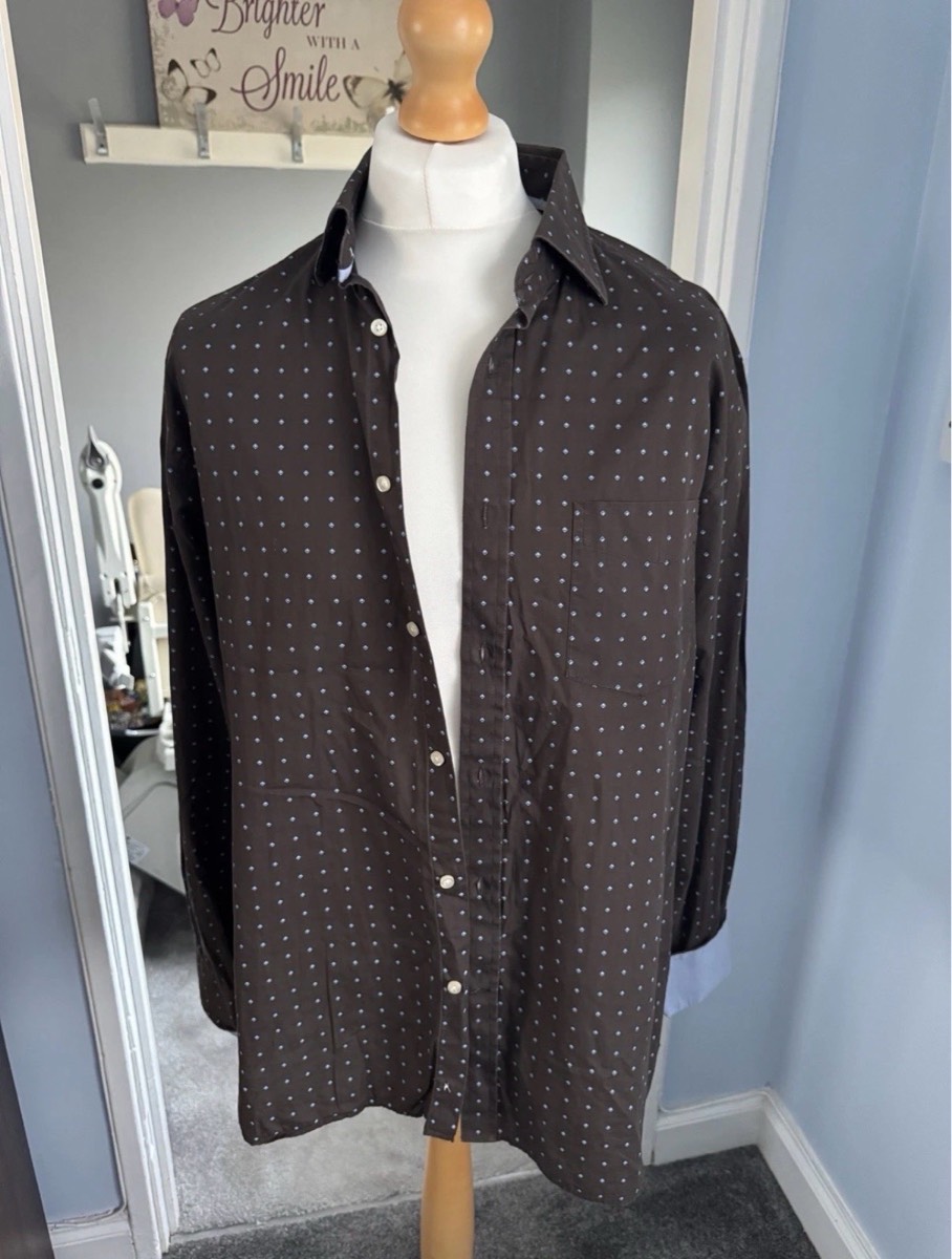 Hackett London Long Sleeve Shirt Brown Geometric Print XL 100% Cotton