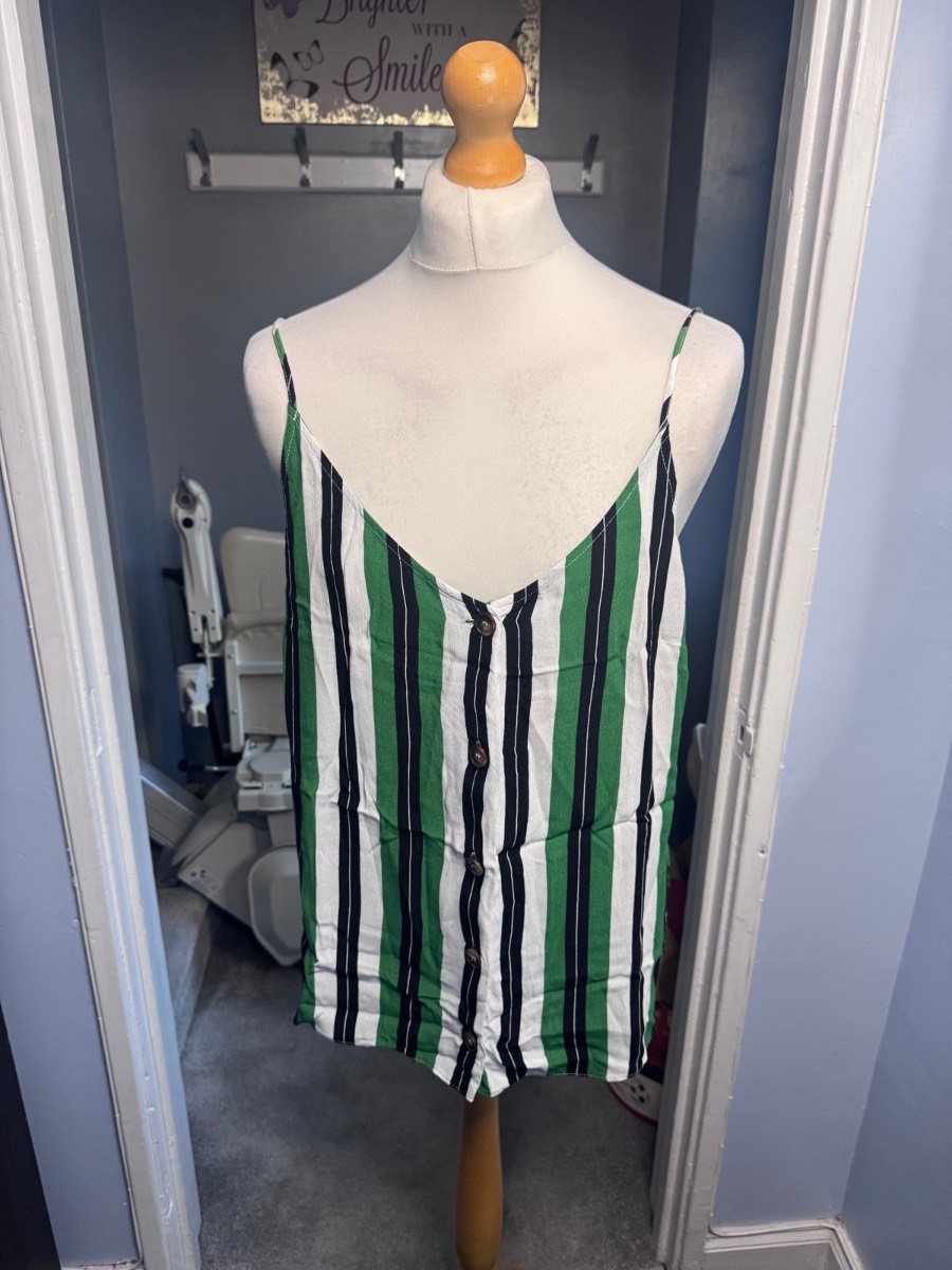 F&F Strappy Cami Top Green White Stripe UK 16 Button Front Summer
