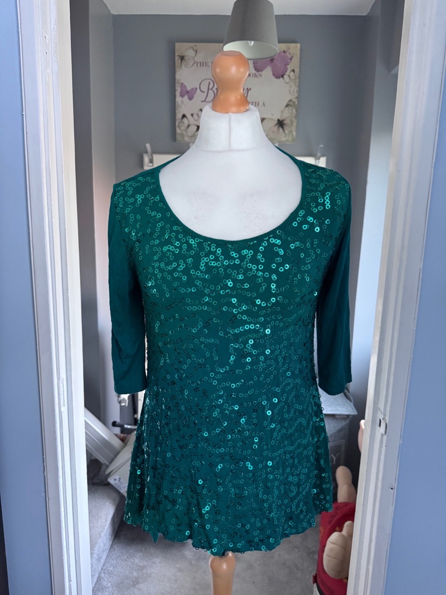 Antthony Studio Sequin Tunic Top Emerald Green Size L 3/4 Sleeve Party Evening