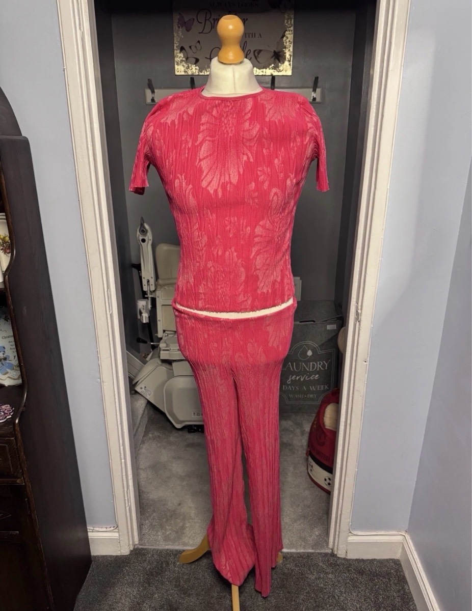Zara Co-Ord Set Pink UK 8 (S) Crinkle Textured Top & Wide Leg Trousers Summer
