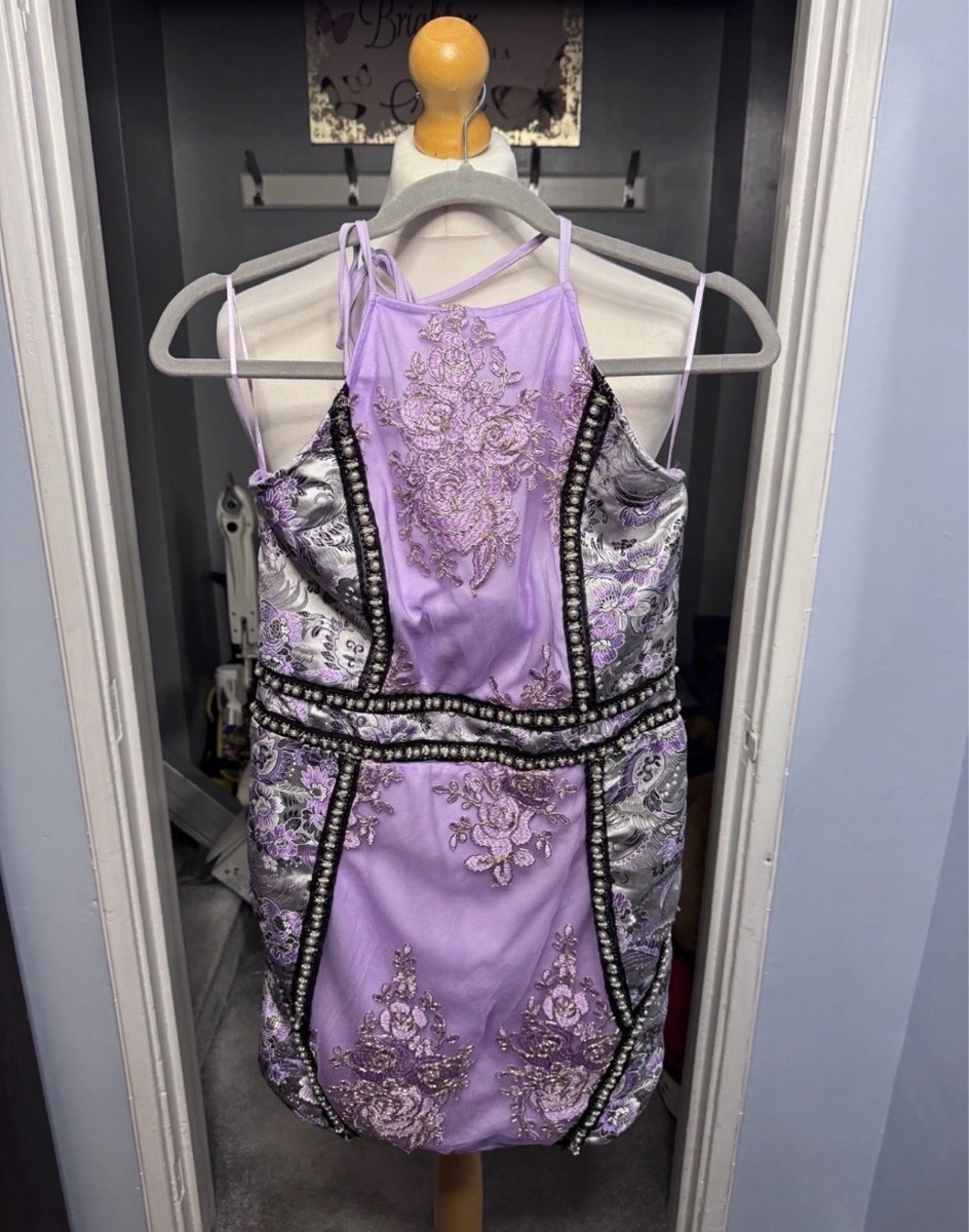 PrettyLittleThing Bodycon Mini Dress Purple UK 10 Premium Halterneck Jacquard NWT