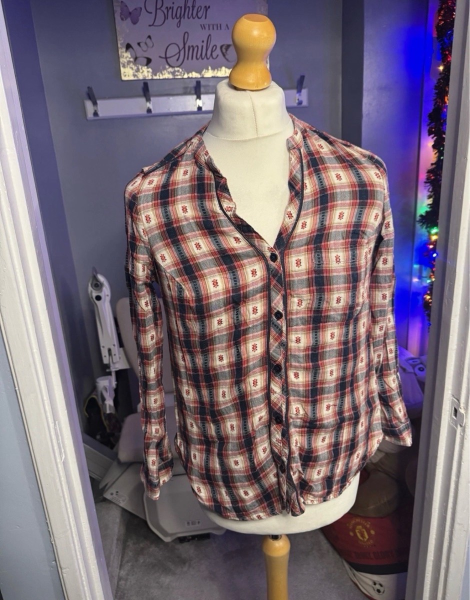 Monsoon Check Shirt Red Navy Cream UK 14 100% Cotton Long Sleeve