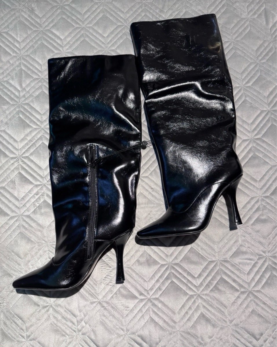 River Island Knee High Boots Black UK 4 Pointed Toe Stiletto Heel Patent Look