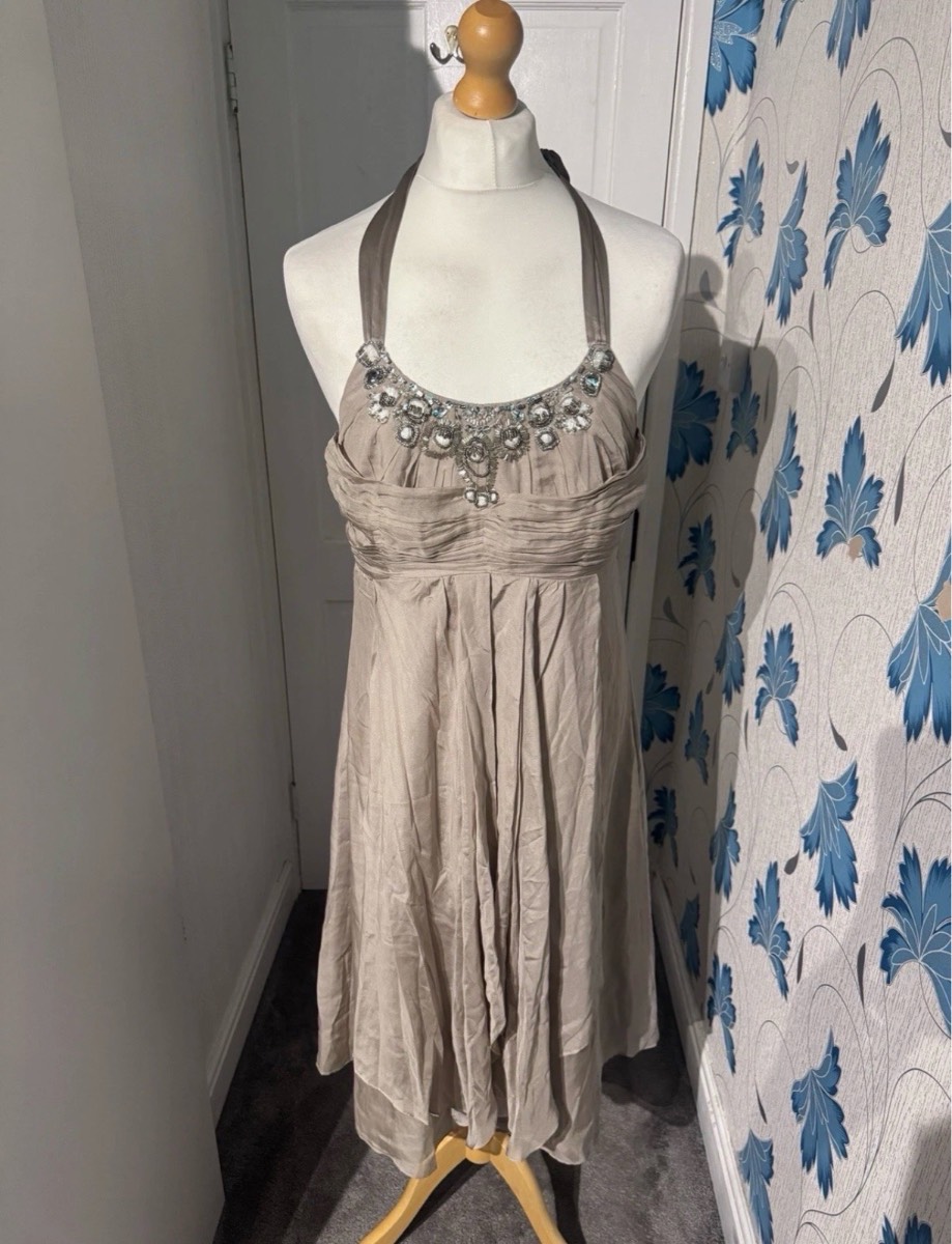 Monsoon Halterneck Midi Dress Taupe UK 16 Beaded 100% Silk Occasion