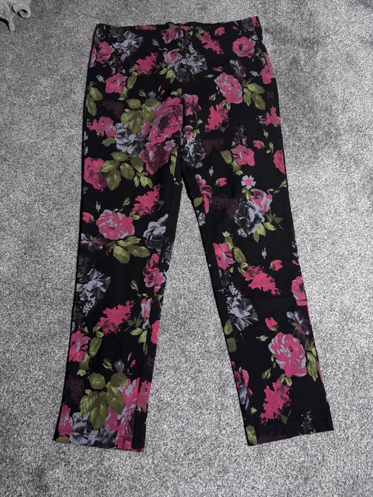 Pinns Floral Trousers Black Pink Size 14 Stretch Smart Cigarette Pants