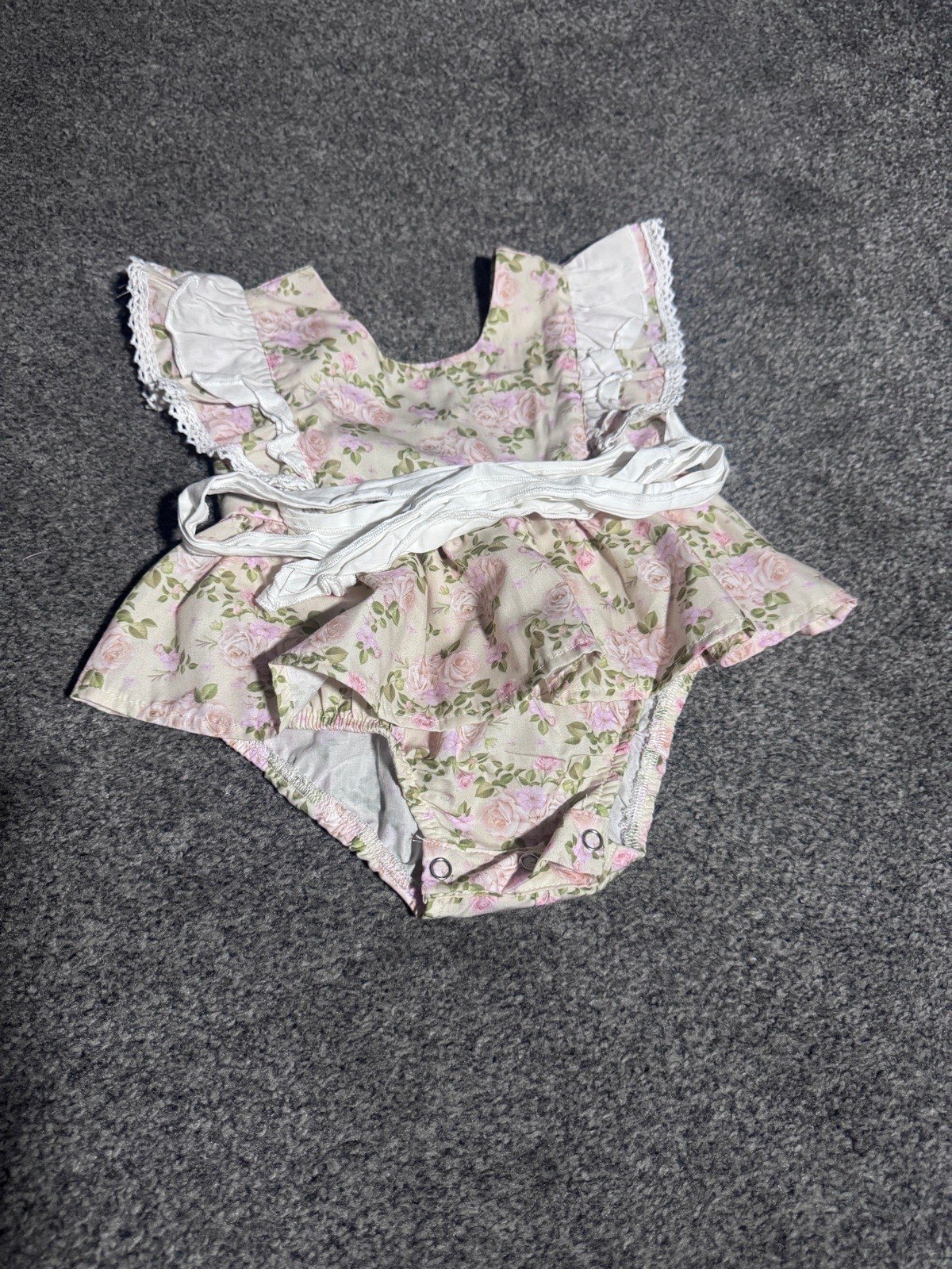 Dolly Wears Baby Romper Dress Cream Floral 6–9 Months Frill Cottagecore