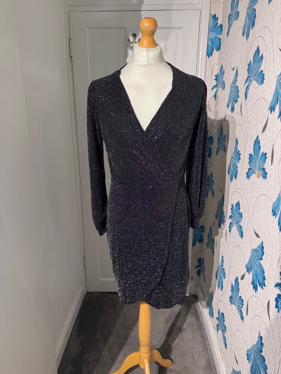 Envy Glitter Wrap Dress Black UK 14 Long Sleeve Sparkly Party Mini Dress