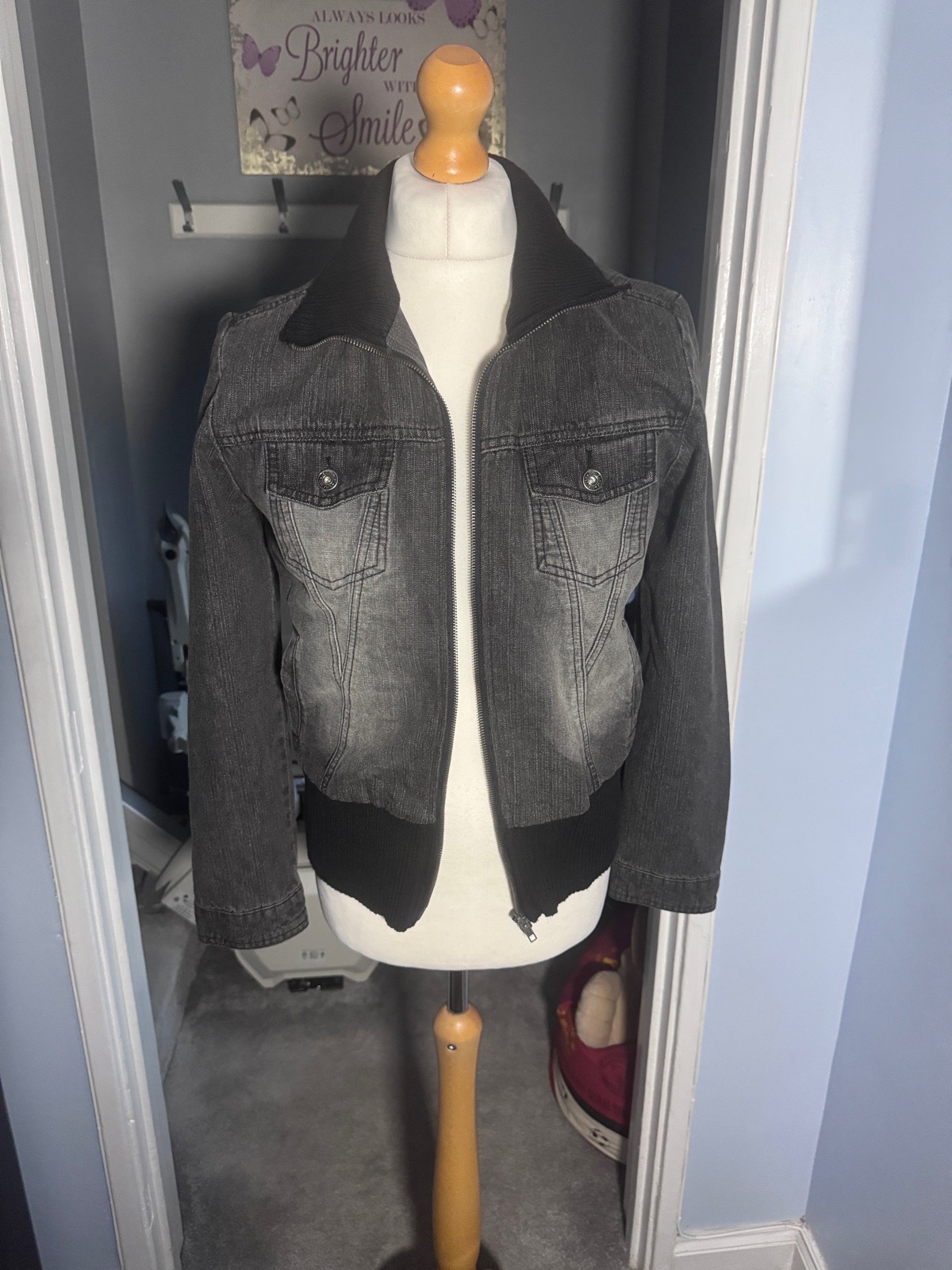 Jeanswest Grey Denim Bomber Jacket UK 14 Ribbed Full Zip Y2K