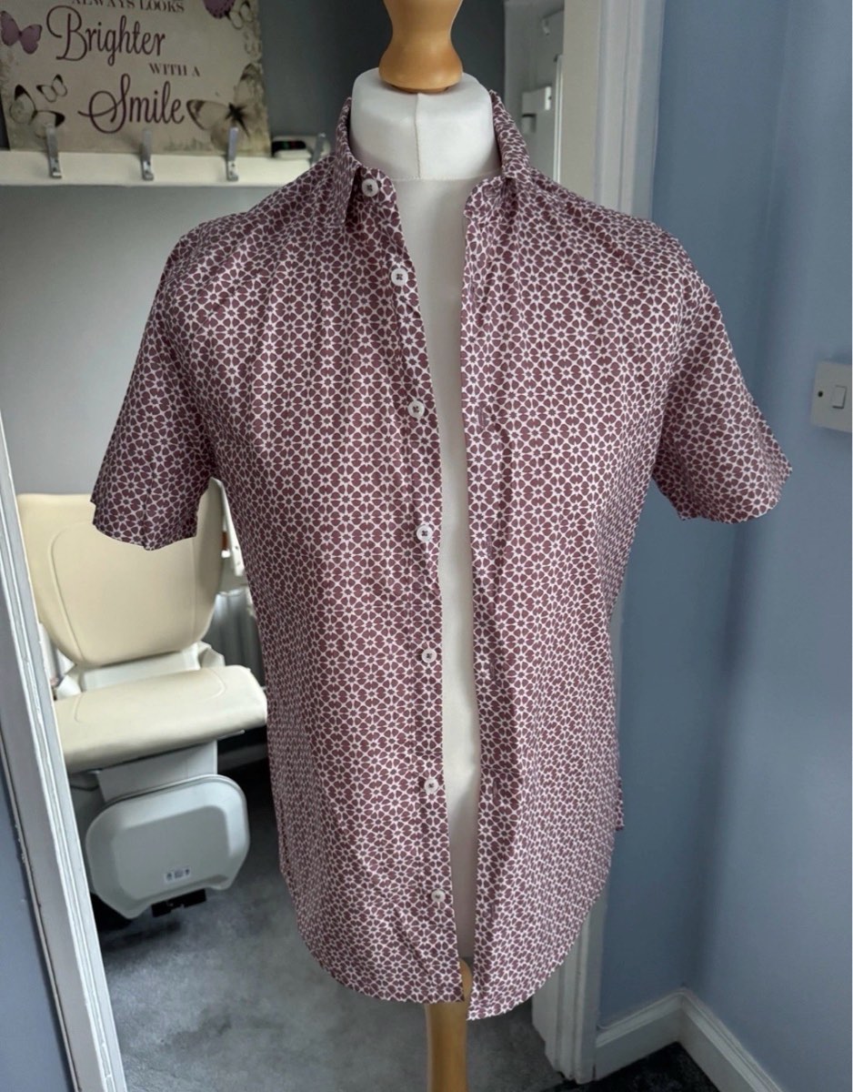Burton Menswear London Short Sleeve Shirt Pink Geometric Print Medium Summer