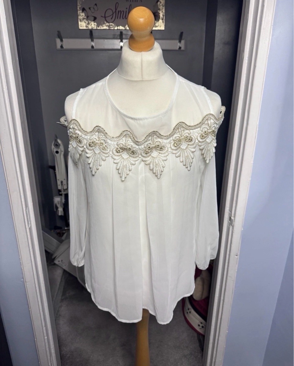 Mela London Cold Shoulder Blouse White UK 16 Embroidered Chiffon Top