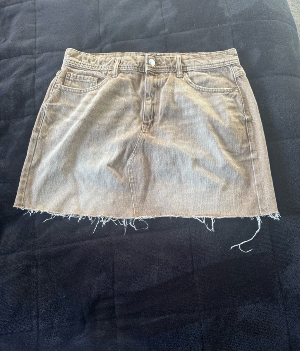 Next Summer Denim Mini Skirt Brown UK 14 Frayed Hem 100% Cotton