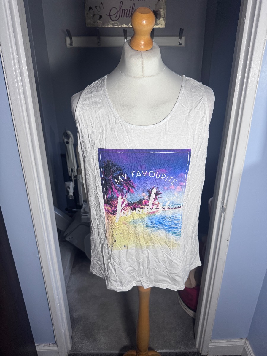 F&F Holiday Vest Top White UK 22 Tropical Beach Print Summer Cotton Modal