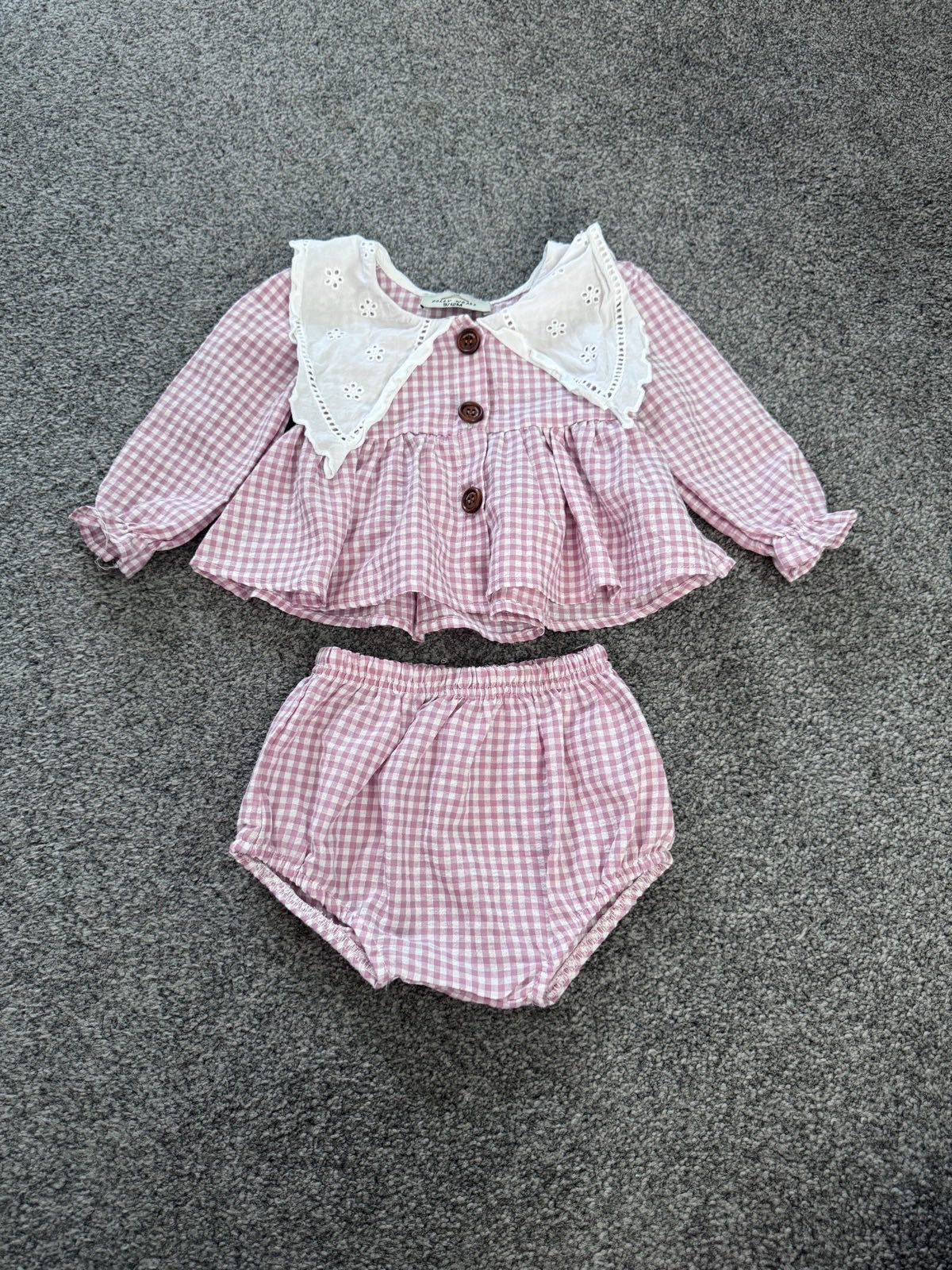 Dolly Wears Baby Gingham Two Piece Set, Lilac & White, 9–12 Months, Broderie Collar