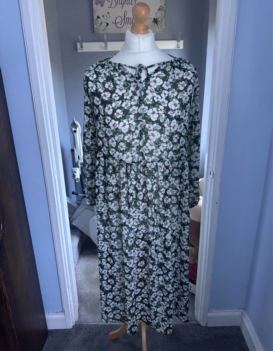 Tu, Sheer Floral Beach Cover Up, Black, UK 12, Tie Neck Midi Dress