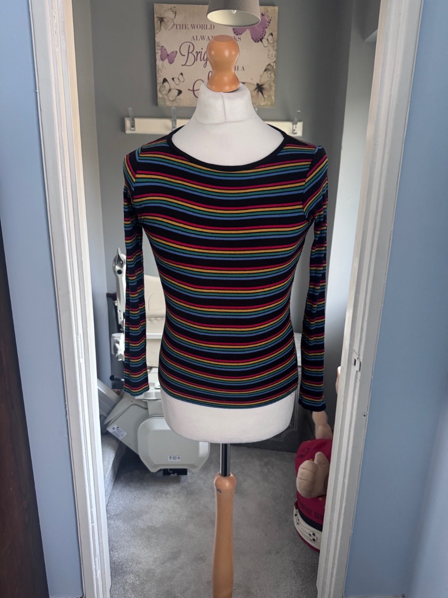 New Look Ribbed Long Sleeve Top Black Rainbow Stripe UK 6 Stretch