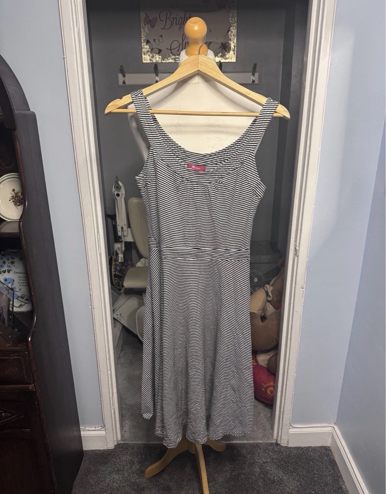 Monsoon Midi Dress Black & White Stripe UK 8 Cotton Fit & Flare Summer