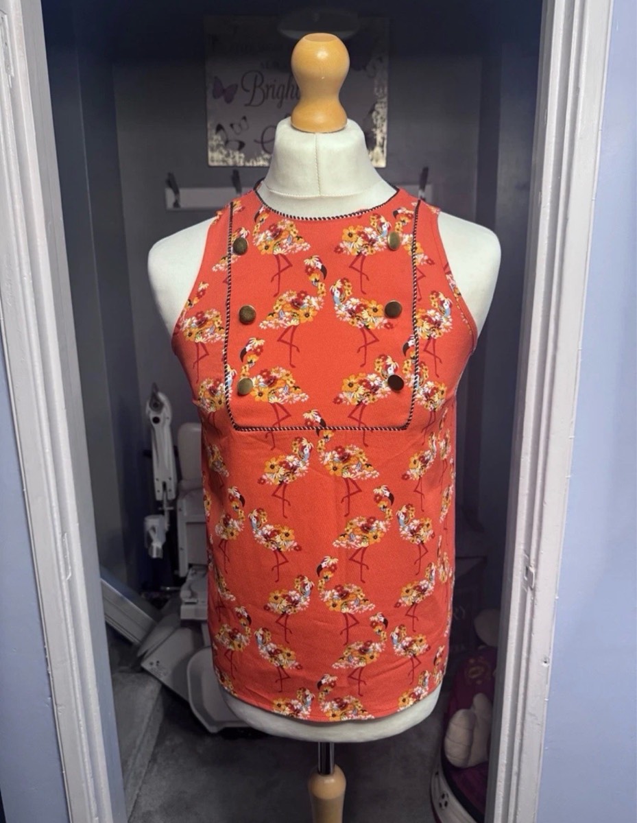 Next Sleeveless Top Coral Flamingo Print UK 10 Button Detail Summer
