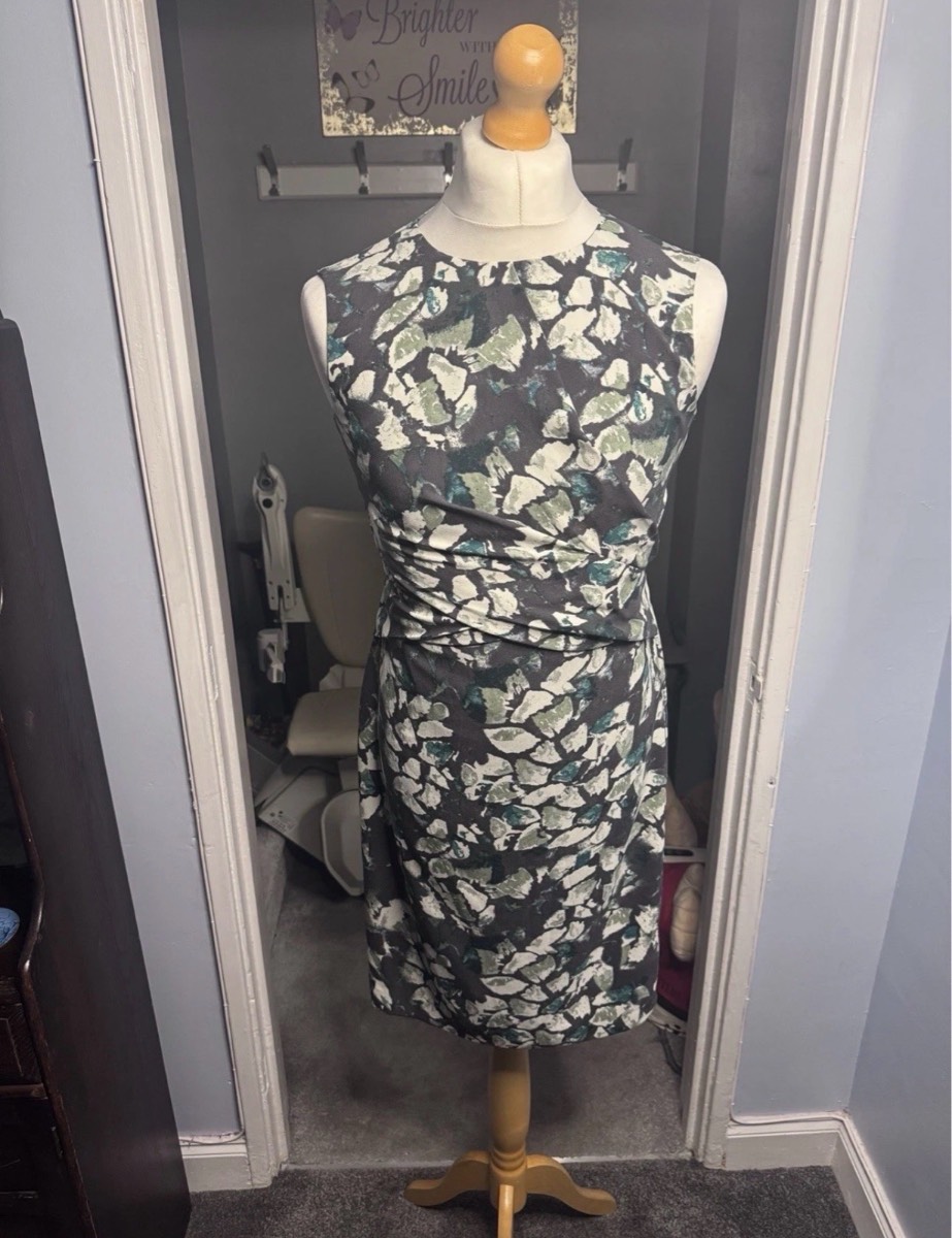 Hobbs London Shift Dress Green Floral Print UK 12 Ruched Occasion