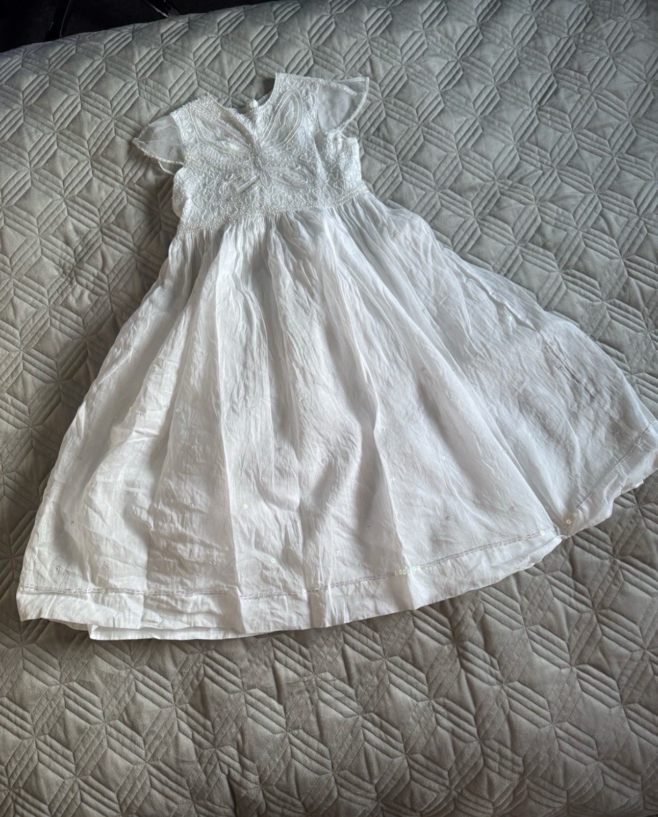 Monsoon White Beaded Sequin Cotton Maxi Dress UK 7-8 Butterfly Party