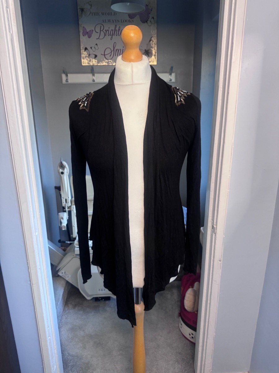 Miso Open Front Cardigan Black UK 12 Beaded Shoulder Lightweight Stretch Summer