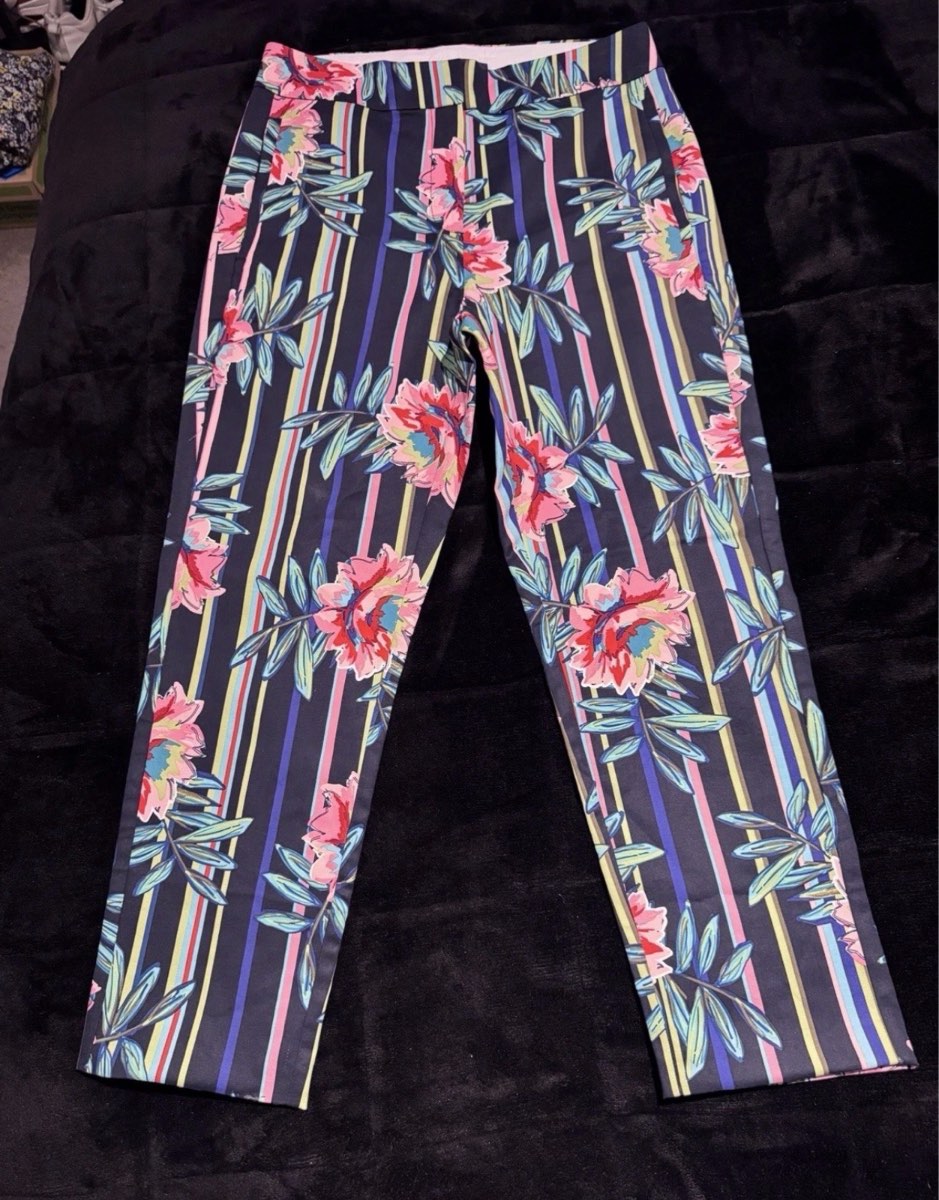 M&S Collection Cropped Trousers Navy Floral Stripe Print UK 10 Smart Summer