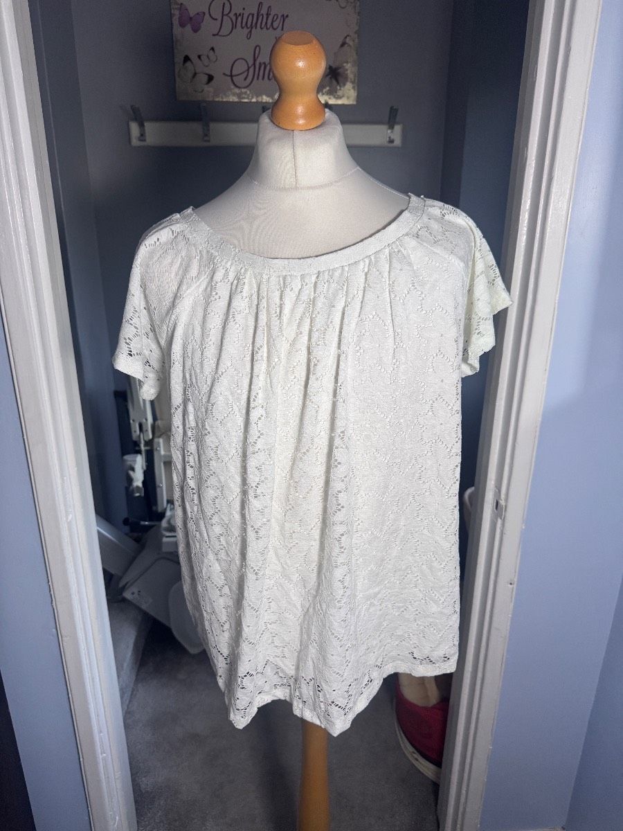 F&F White Floral Lace Top UK 20 Short Sleeve Lined Summer Blouse