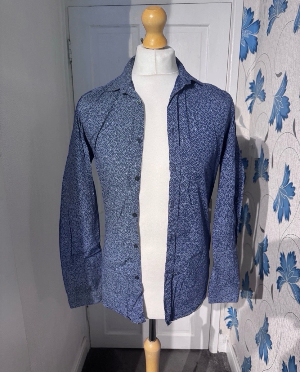 Limehaus Men’s Slim Fit Shirt Blue Patterned Small (S) 14.5” Collar Long Sleeve