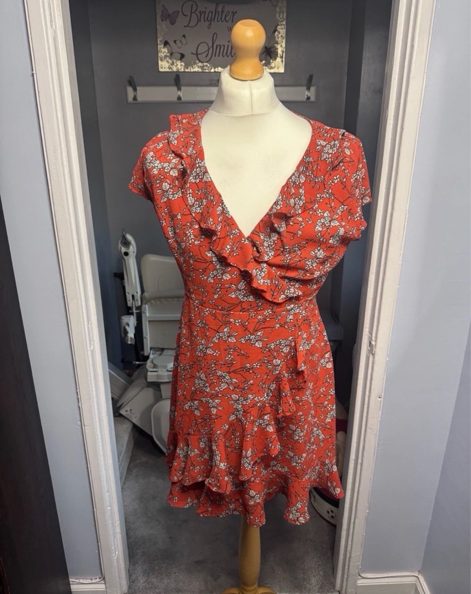 Quiz Wrap Dress Red Floral UK 14 Ruffle Tea Mini Summer Dress