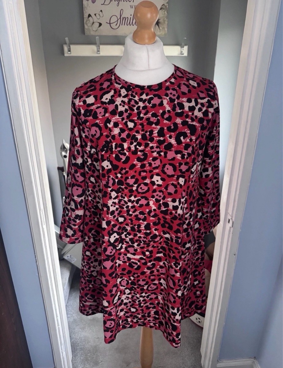 F&F Swing Dress Pink Leopard Print UK 14 3/4 Sleeve Animal Print Zip Back
