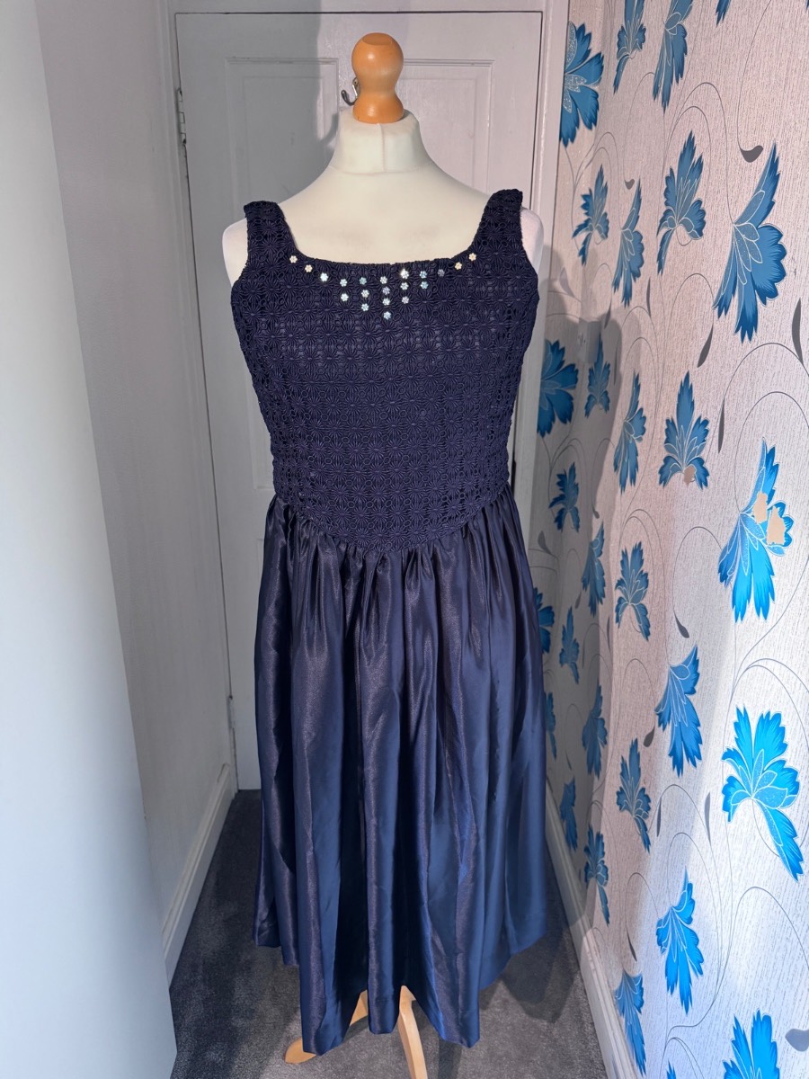 Vintage Discovery Gold Occasion Dress Navy UK 16 Floral Lace Midi Party Dress